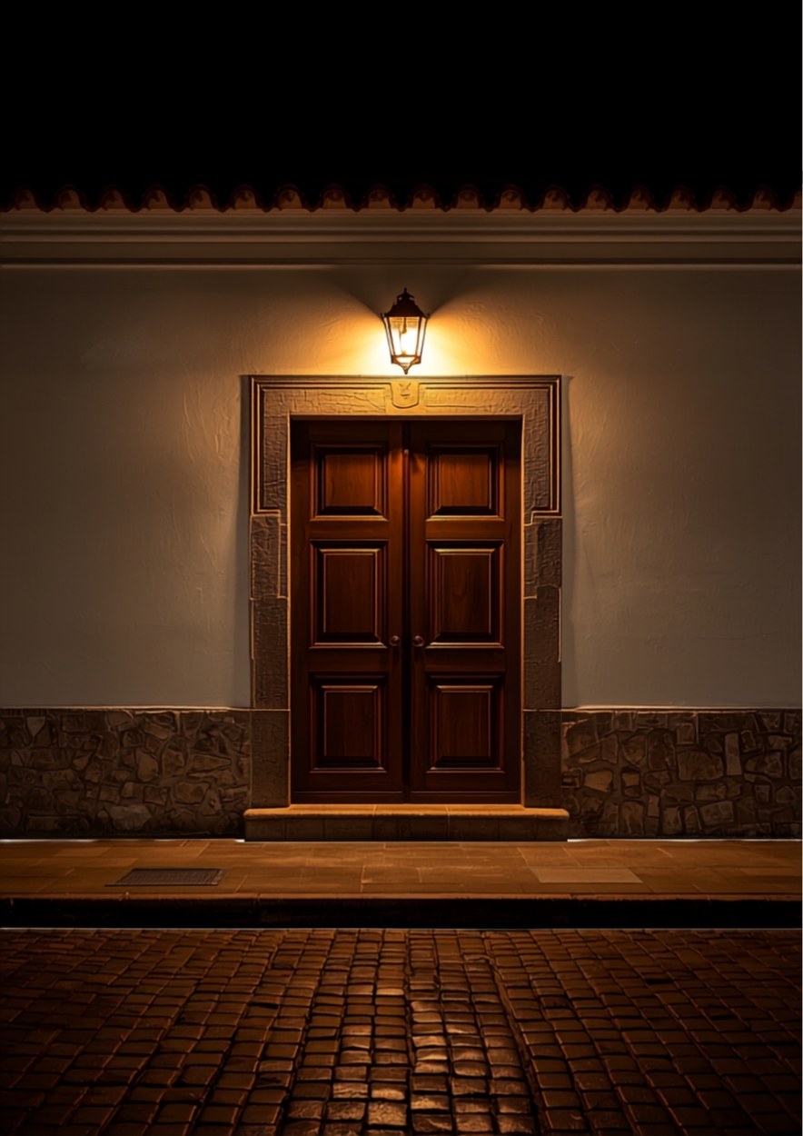 Puerta de madera de una casa colonial iluminada por un farol en una noche de Pamplona